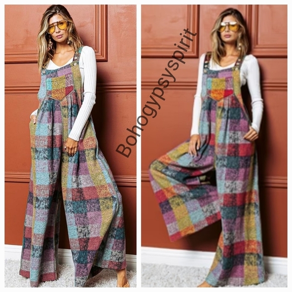 Patchwork Plaid Fleece Wideleg Jumpsuit Overalls
